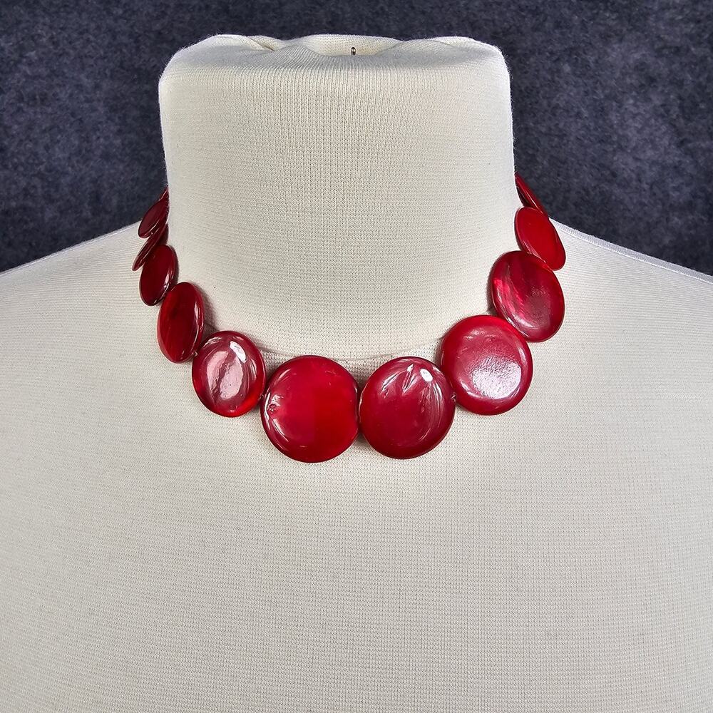 Iridescent Red Dyed Natural Shell Graduated Disc Choker Necklace 17 to 19 in